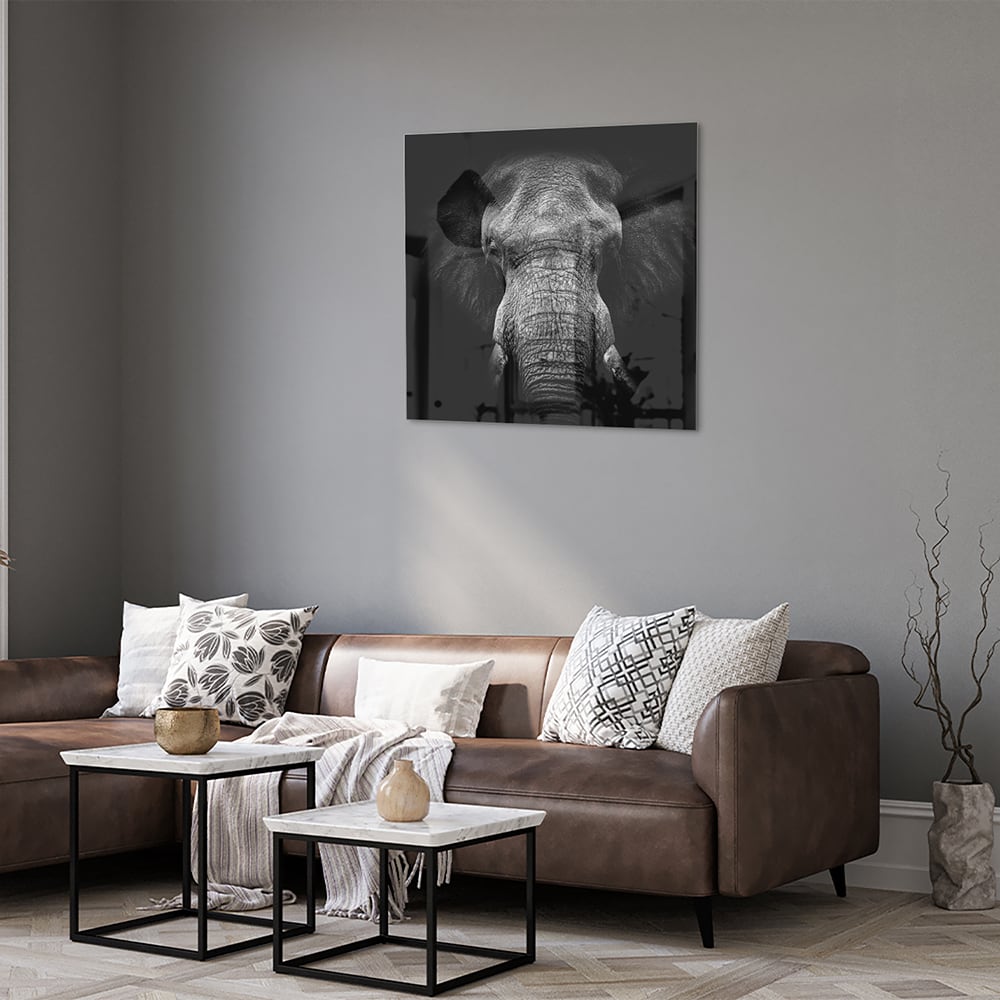 Beeindruckendes Glasbild mit einem Elefanten – Glasbild aus Sicherheitsglas, Größe 120x80