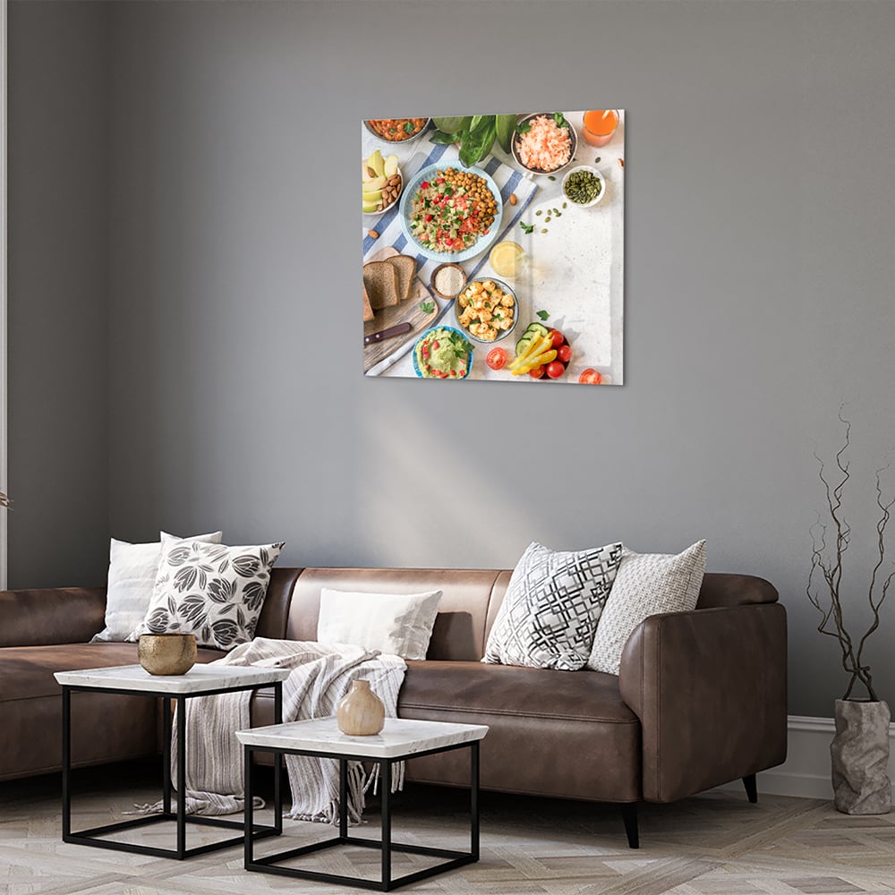 Farbenfrohes Glasbild mit frischen Speisen – Glasbild aus Sicherheitsglas, Größe 120x80
