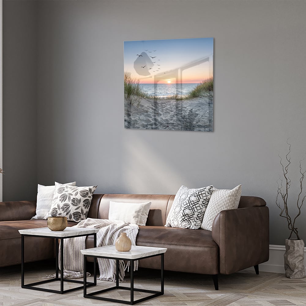 Glasbild mit ruhigem Sonnenuntergang am See – Glasbild aus Sicherheitsglas, Größe 120x80