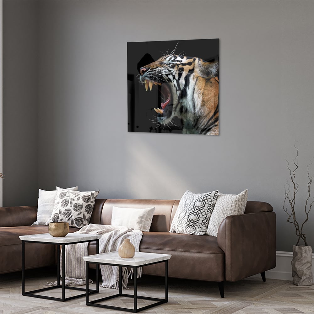 Beeindruckendes Glasbild mit einem brüllenden Tiger – Glasbild aus Sicherheitsglas, Größe 120x80