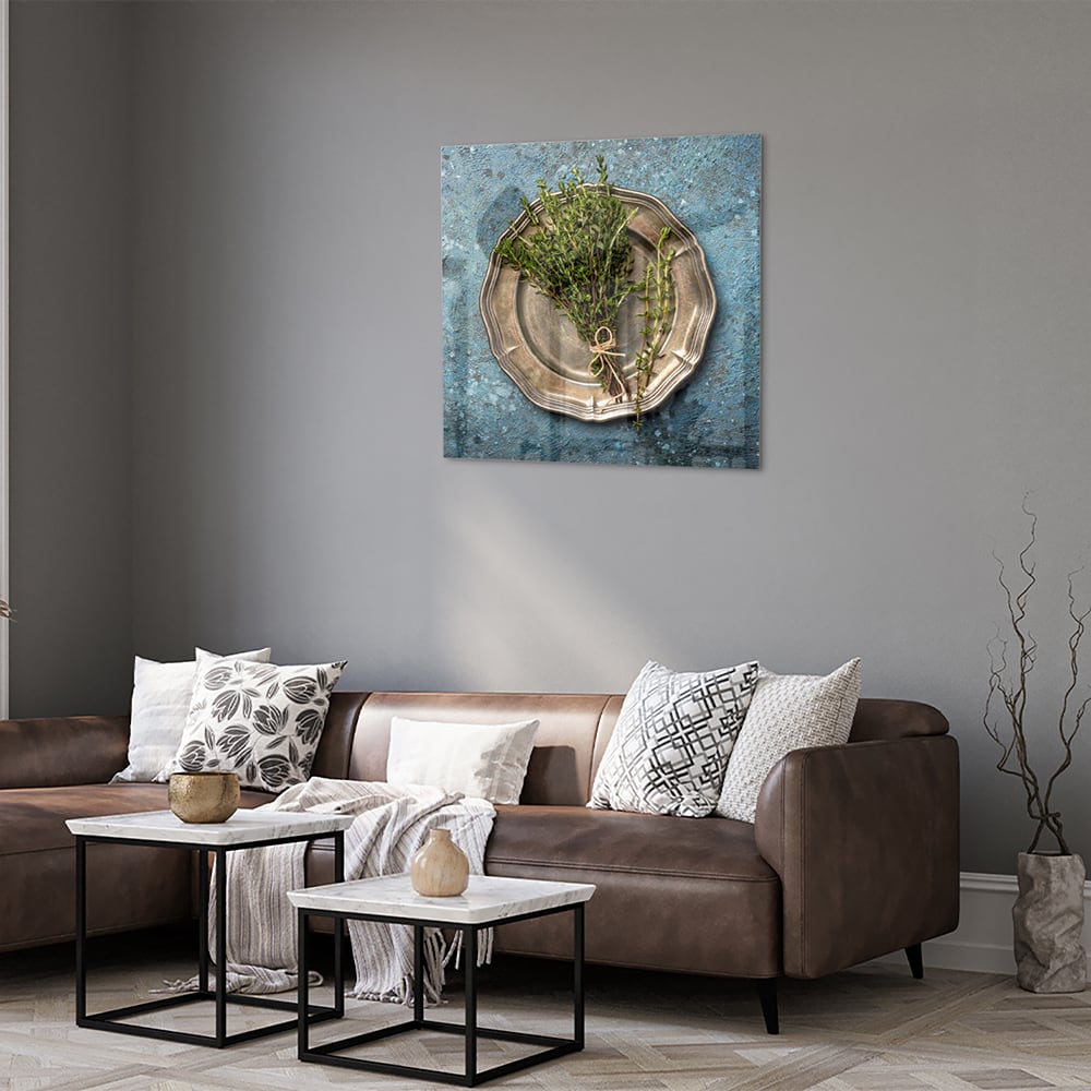 Glasbild mit Grünpflanze in einer antiken Schale – Glasbild aus Sicherheitsglas, Größe 120x80