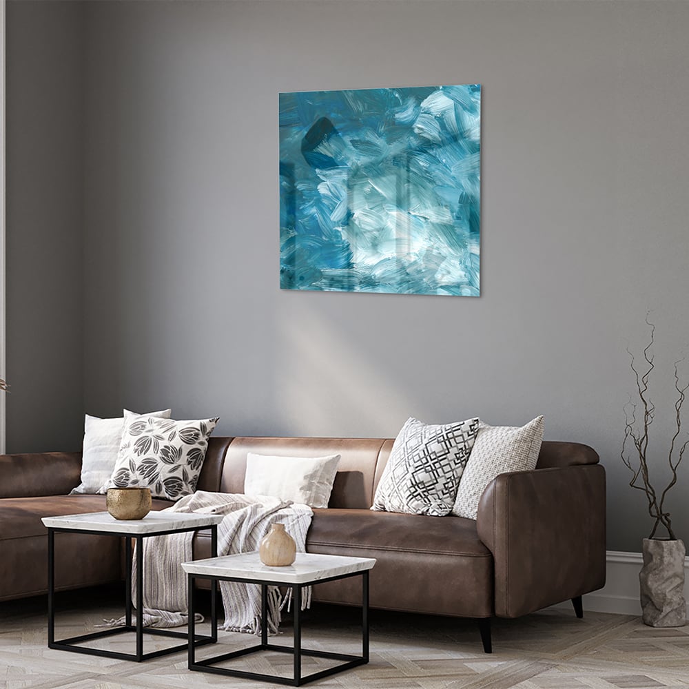 Abstraktes Glasbild in harmonischen Blautönen – Glasbild aus Sicherheitsglas, Größe 120x80