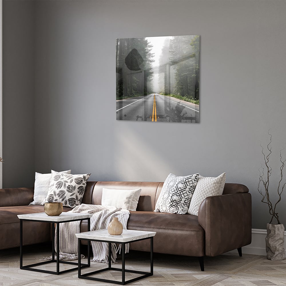 Glasbild – Erkundung eines nebligen Weges – Glasbild aus Sicherheitsglas, Größe 120x80