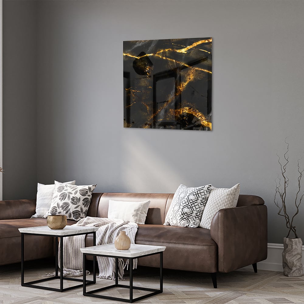 Glasbild mit schwarzem und goldenem Marmordesign – Glasbild aus Sicherheitsglas, Größe 120x80