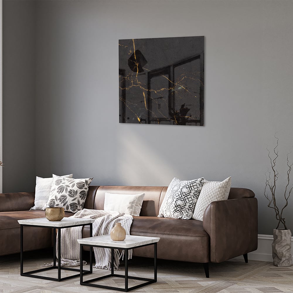 Schwarzes Glasbild mit goldenen Linien – Glasbild aus Sicherheitsglas, Größe 120x80