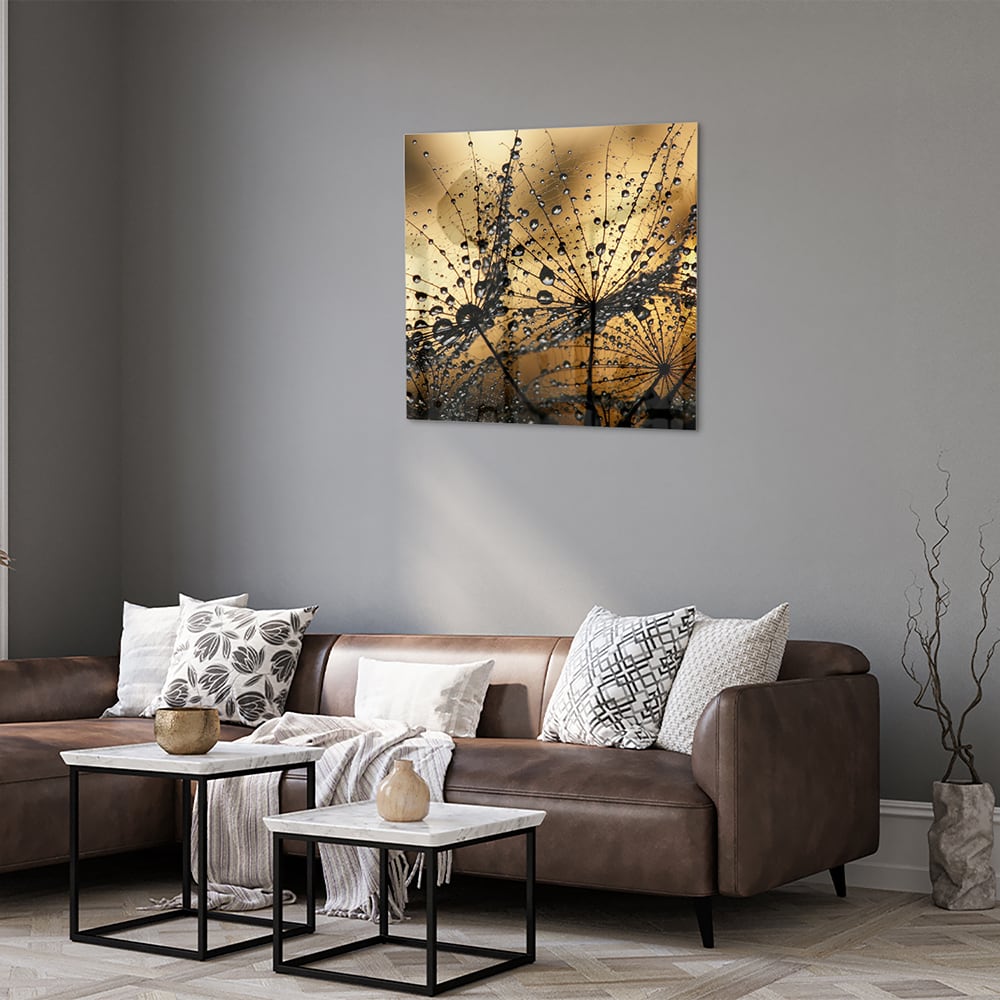 Glasbild mit goldenen Wassertropfen – Glasbild aus Sicherheitsglas, Größe 120x80