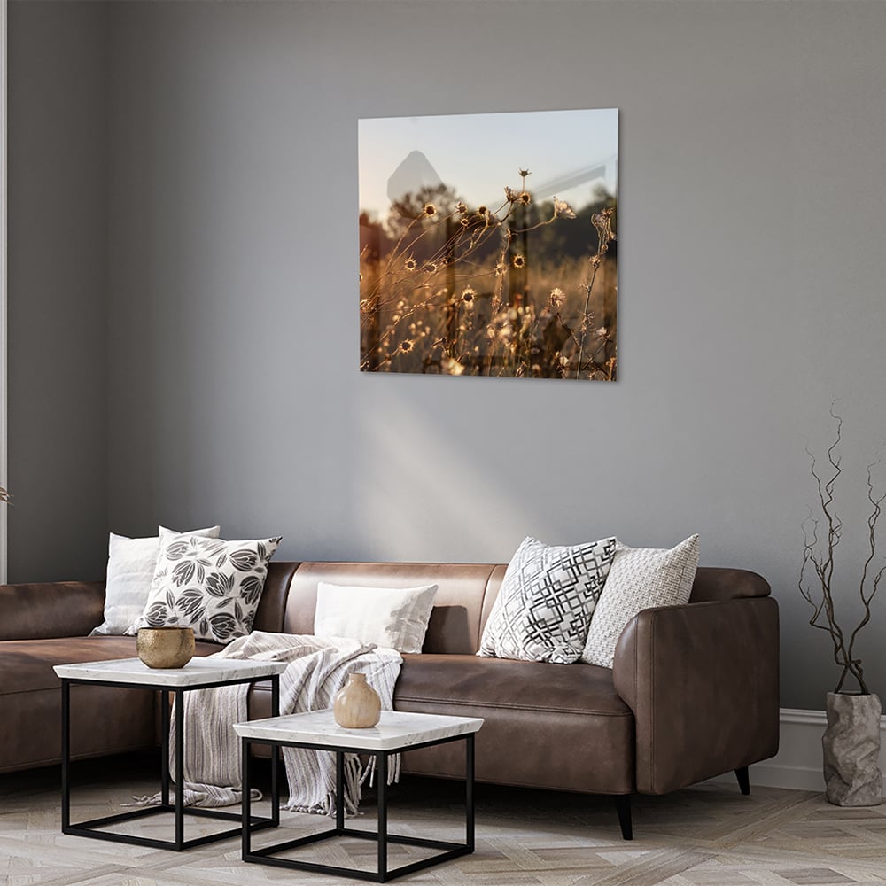 Zauberhaftes Glasbild mit goldenem Sonnenuntergang – Glasbild aus Sicherheitsglas, Größe 120x80