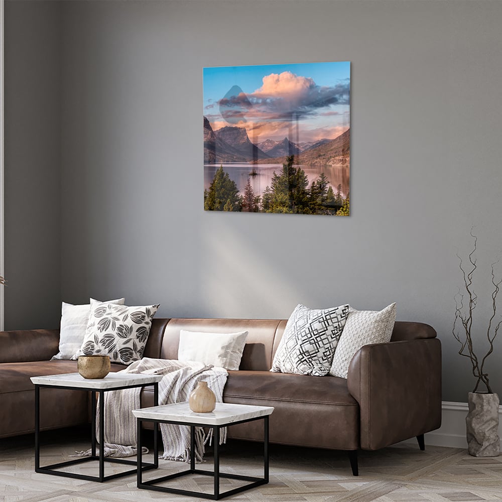 Glasbild mit Bergen bei Sonnenaufgang – Glasbild aus Sicherheitsglas, Größe 120x80