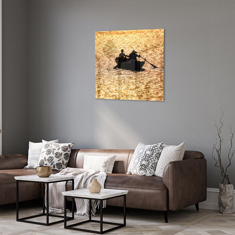 Glasbild mit Ruderboot auf goldenem Wasser – Glasbild aus Sicherheitsglas, Größe 120x80