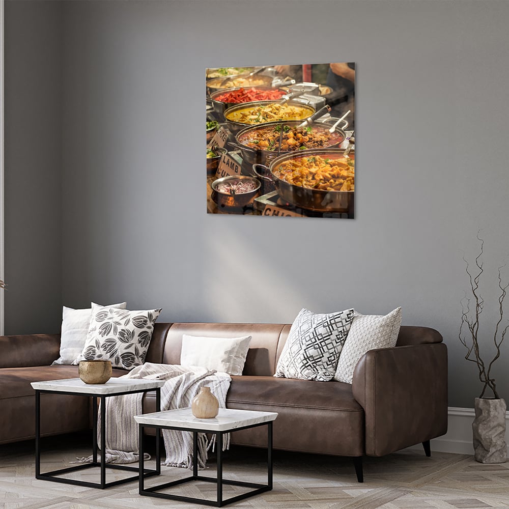 Farbenfrohes Glasbild mit indischem Essen – Glasbild aus Sicherheitsglas, Größe 120x80