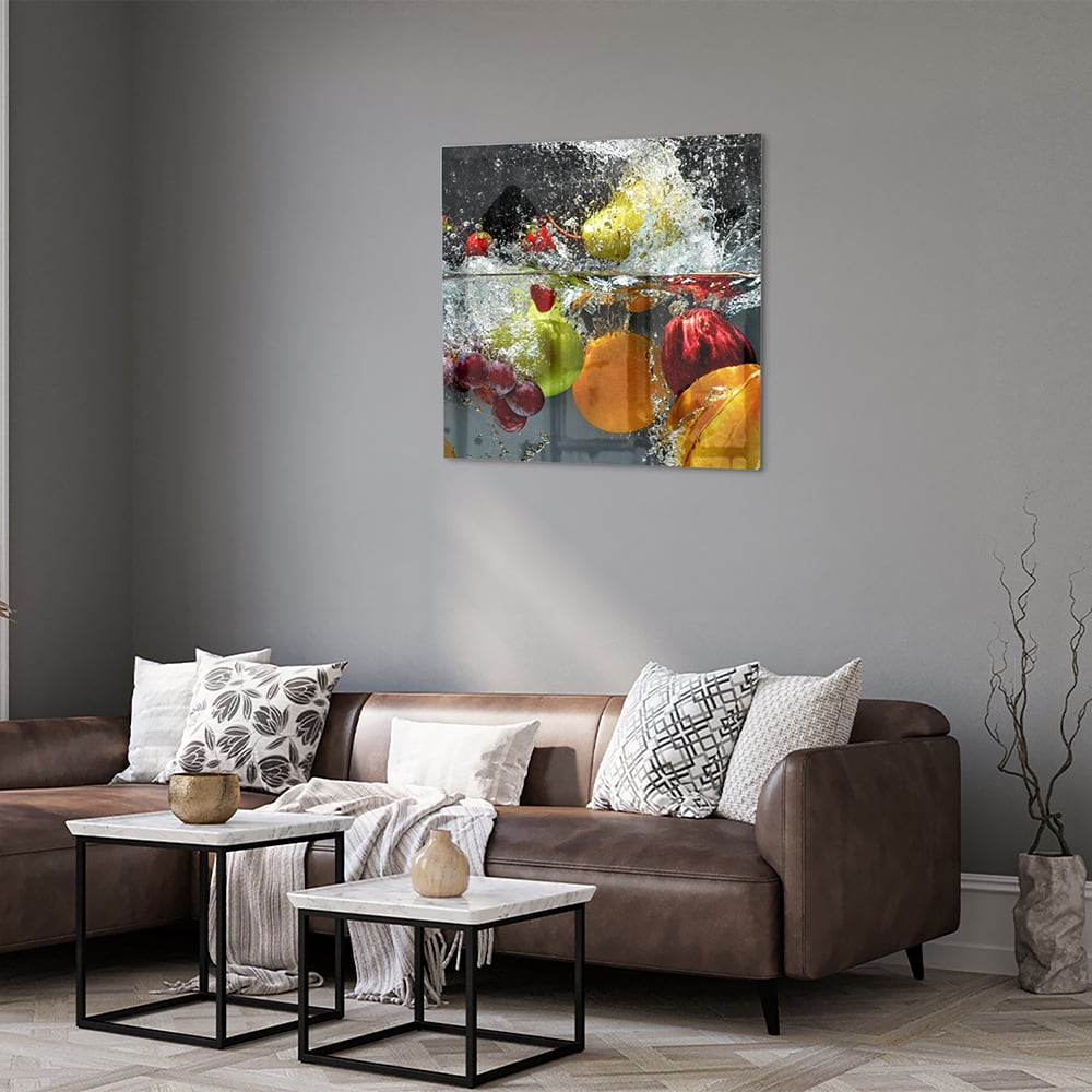 Leuchtendes Glasbild mit Früchten und Wassertropfen – Glasbild aus Sicherheitsglas, Größe 120x80