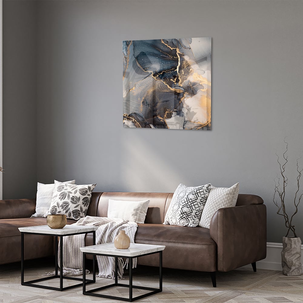 Elegantes Glasbild mit Blau und Gold – Glasbild aus Sicherheitsglas, Größe 120x80