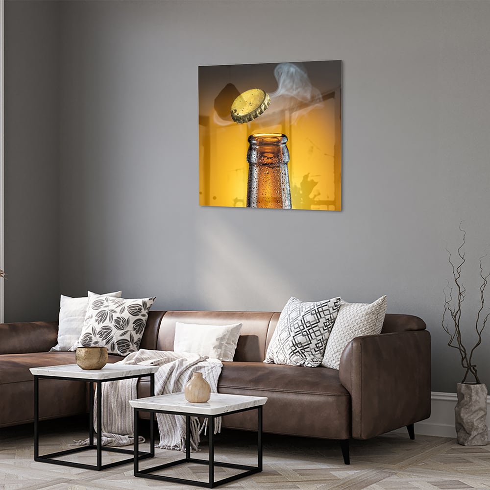 Glasbild mit aufsteigender Flasche und Verschluss – Glasbild aus Sicherheitsglas, Größe 120x80