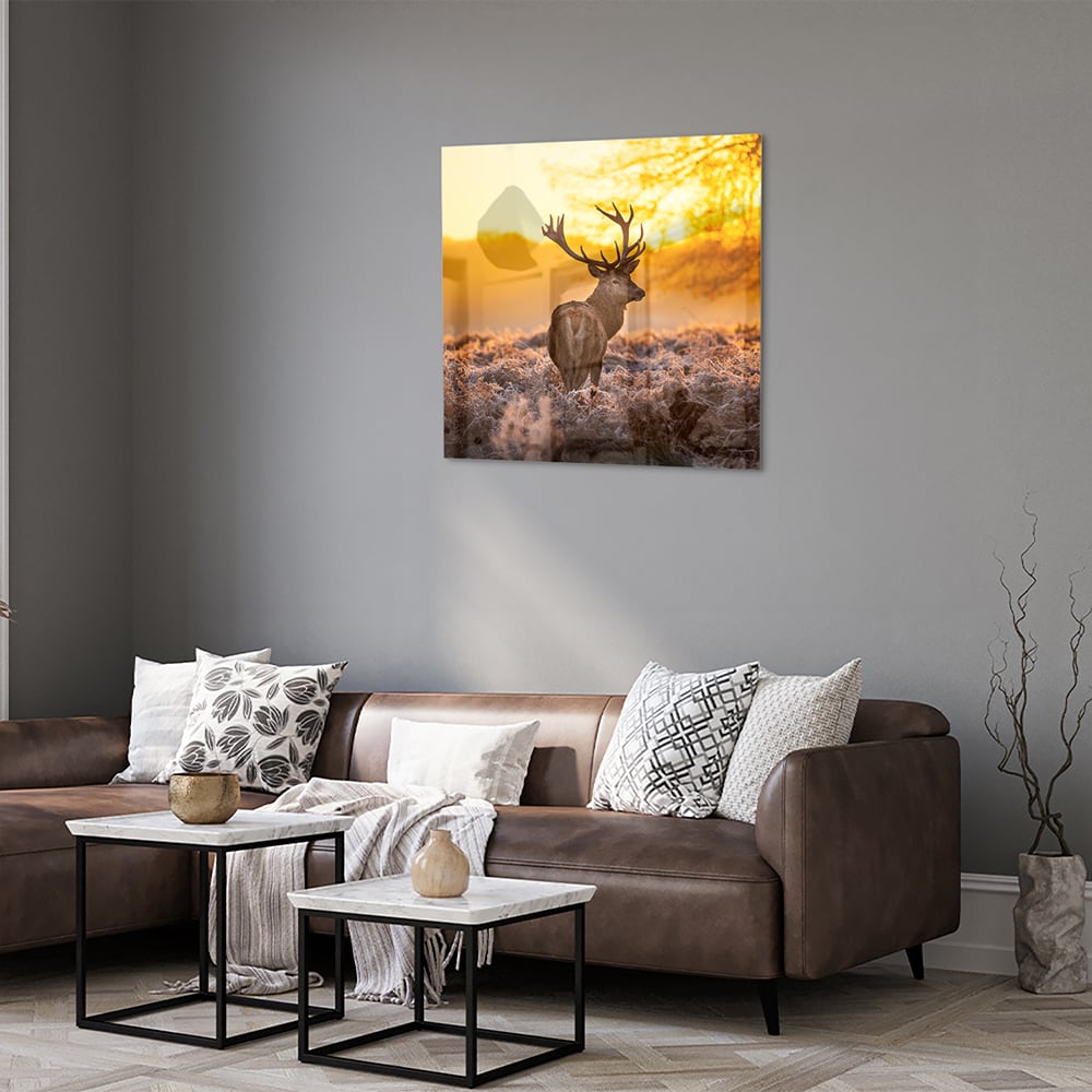Glasbild mit einem Hirsch in der aufgehenden Sonne – Glasbild aus Sicherheitsglas, Größe 120x80