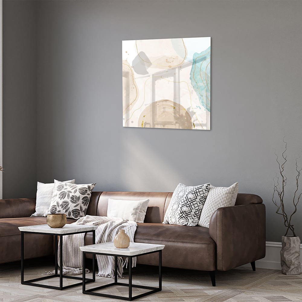 Elegantes Glasbild mit sanftem Aqua und goldenen Farbtönen – Glasbild aus Sicherheitsglas, Größe 120x80