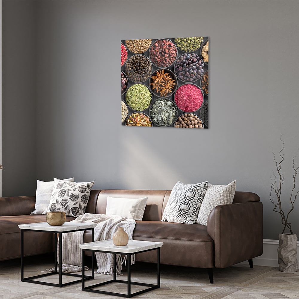 Farbenfrohes Glasbild mit Gewürzen und Kräutern – Glasbild aus Sicherheitsglas, Größe 120x80