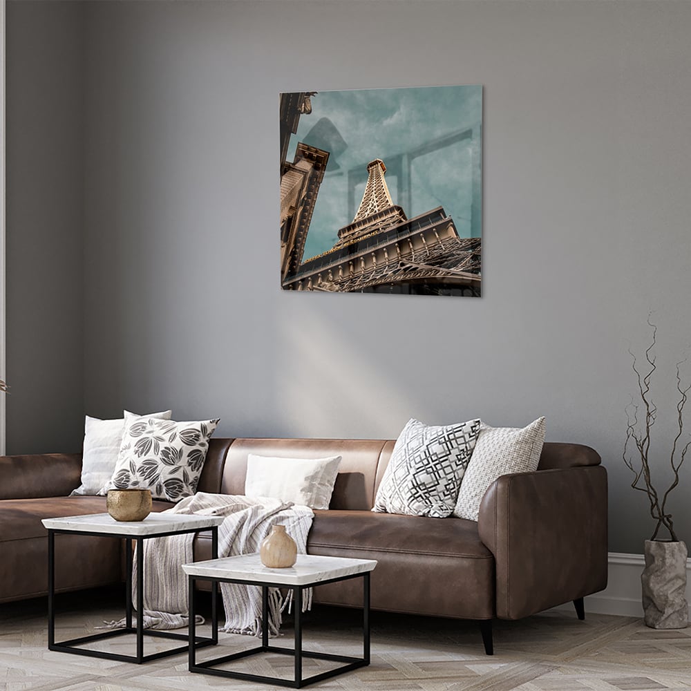 Glasbild mit dem Eiffelturm in luxuriöser Optik – Glasbild aus Sicherheitsglas, Größe 120x80