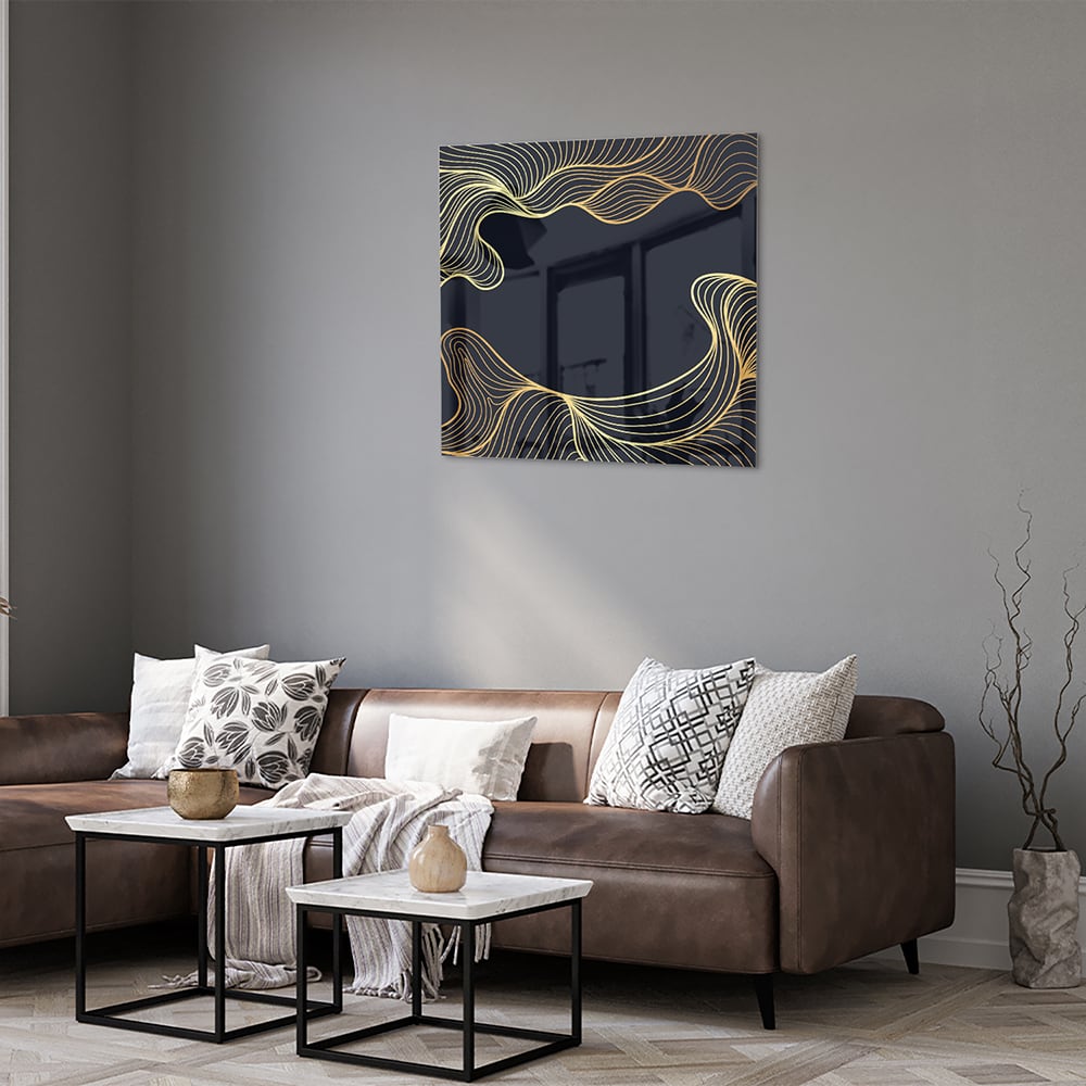Elegantes Glasbild mit goldenen Linien auf dunkelblauem Hintergrund – Glasbild aus Sicherheitsglas, Größe 120x80