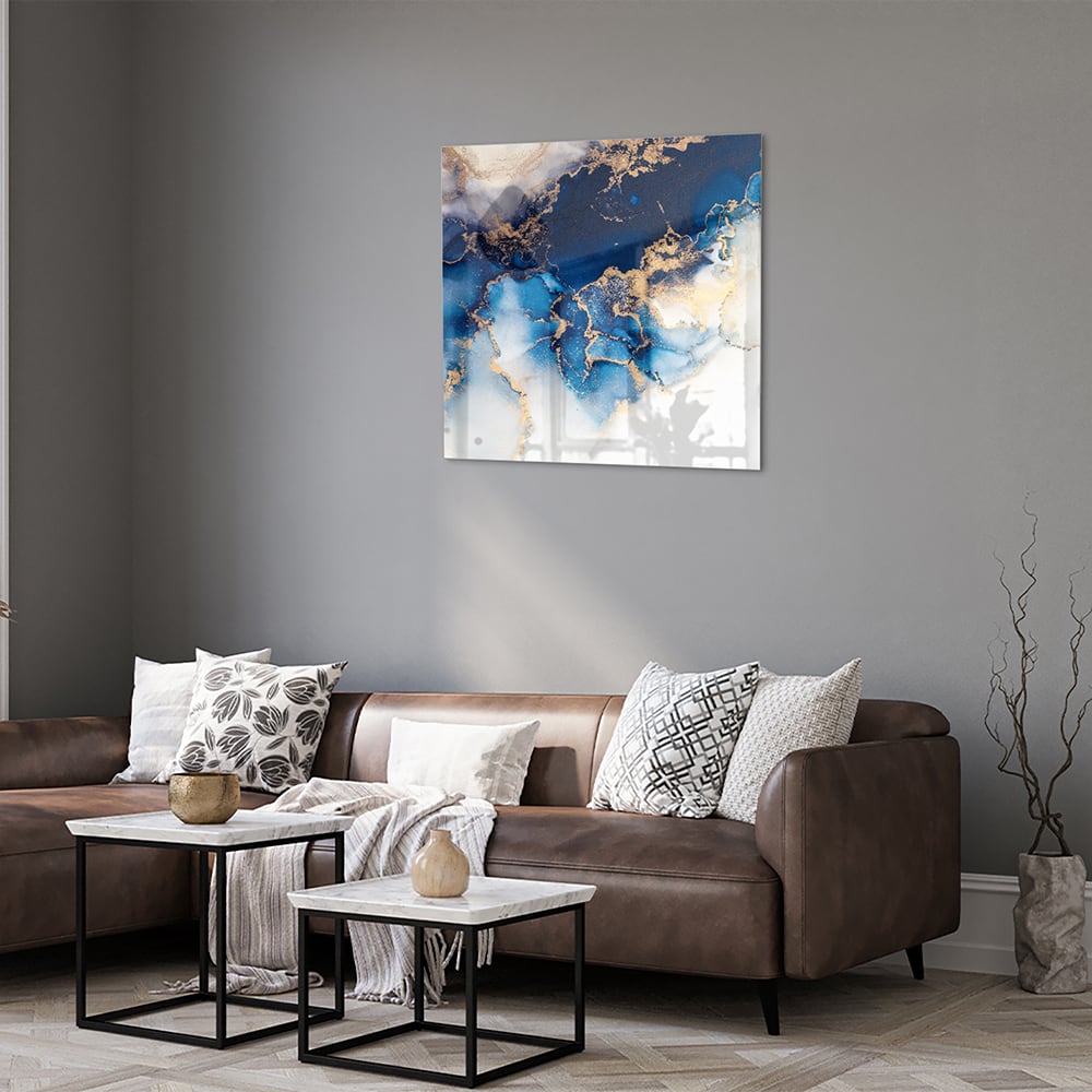 Mehrschichtiges Glasbild in Blau und Gold – Glasbild aus Sicherheitsglas, Größe 120x80