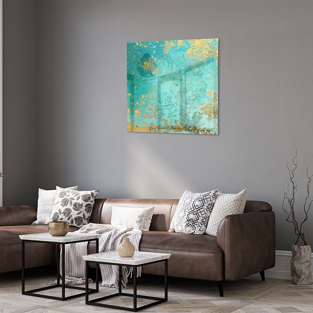 Glasbild mit goldenen Akzenten auf Türkis – Glasbild aus Sicherheitsglas, Größe 120x80