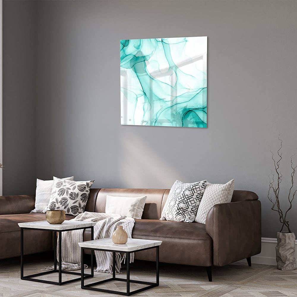Hellblaues abstraktes Glasbild für elegante Innenräume – Glasbild aus Sicherheitsglas, Größe 120x80