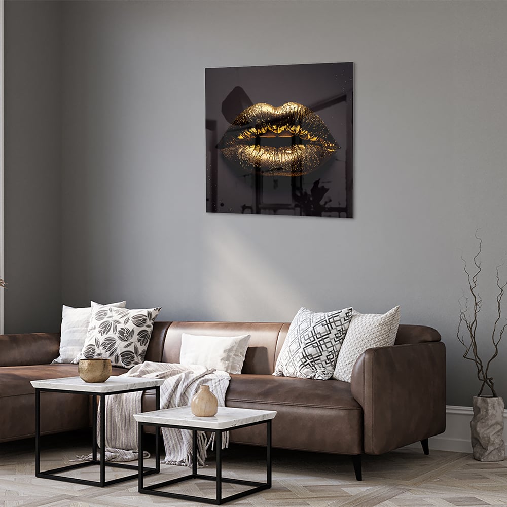 Glasbild mit goldenen Lippen für ein luxuriöses Interieur – Glasbild aus Sicherheitsglas, Größe 120x80