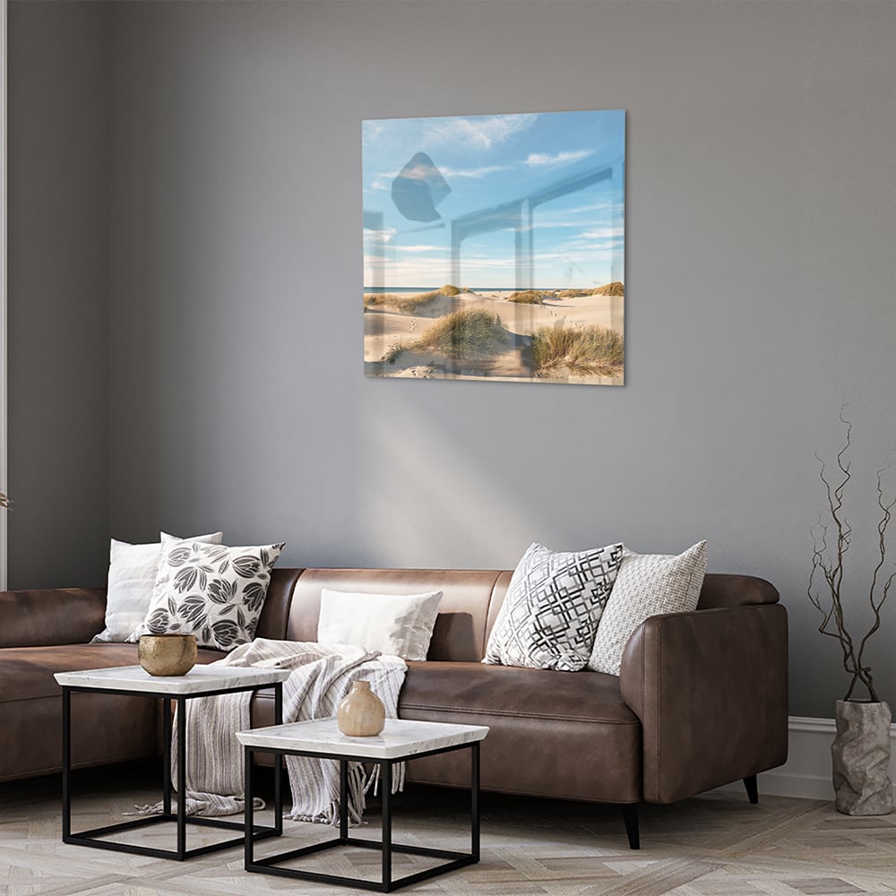 Glasbild mit Dünen und blauem Himmel – Glasbild aus Sicherheitsglas, Größe 120x80