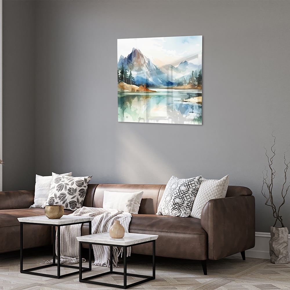 Glasbild mit Bergen und See im Aquarellstil – Glasbild aus Sicherheitsglas, Größe 120x80