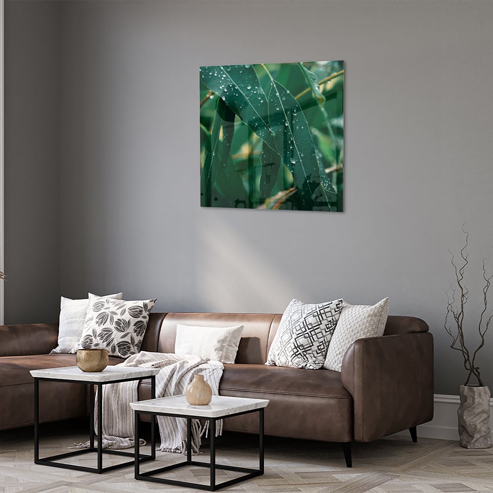 Glasbild mit grünen Blättern und Tautropfen – Glasbild aus Sicherheitsglas, Größe 120x80