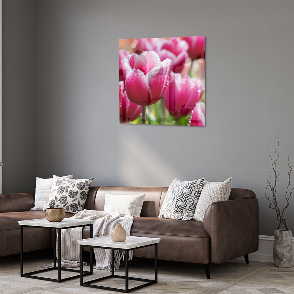 Glasbild mit bezaubernden rosa Tulpen – Glasbild aus Sicherheitsglas, Größe 120x80