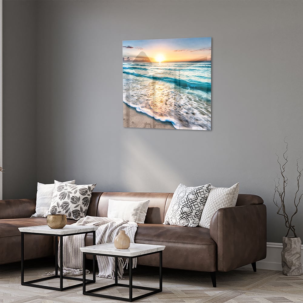 Wunderschönes Glasbild mit einem Sonnenuntergang am See – Glasbild aus Sicherheitsglas, Größe 120x80