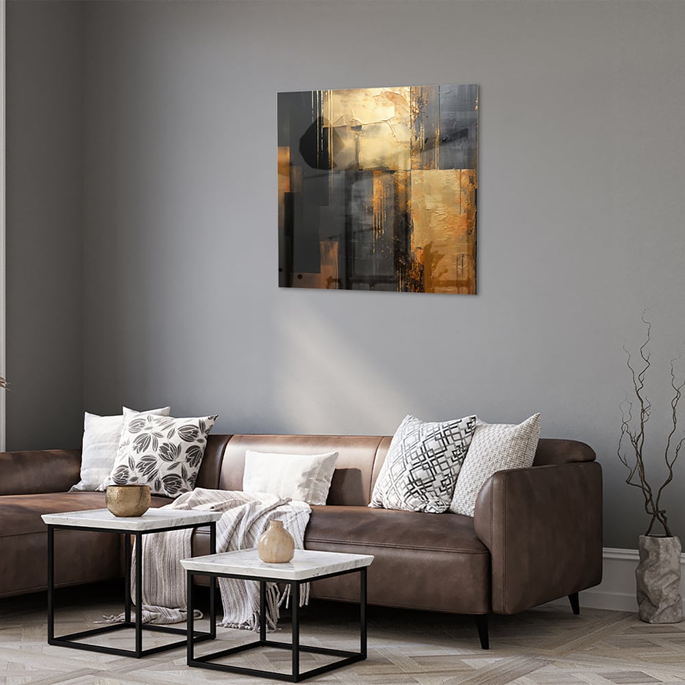 Abstraktes Glasbild in Gold und Schwarz – Glasbild aus Sicherheitsglas, Größe 120x80