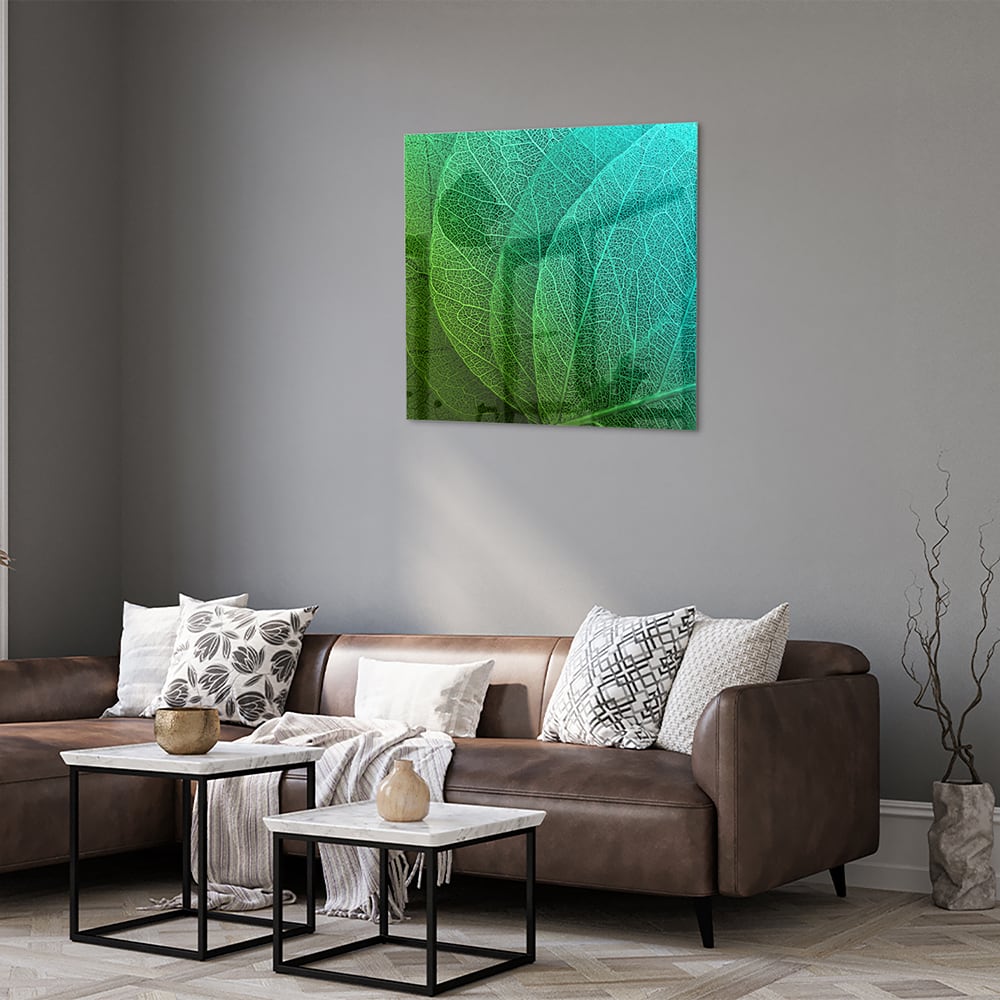 Glasbild mit strukturierter Oberfläche aus grünen Blättern – Glasbild aus Sicherheitsglas, Größe 120x80