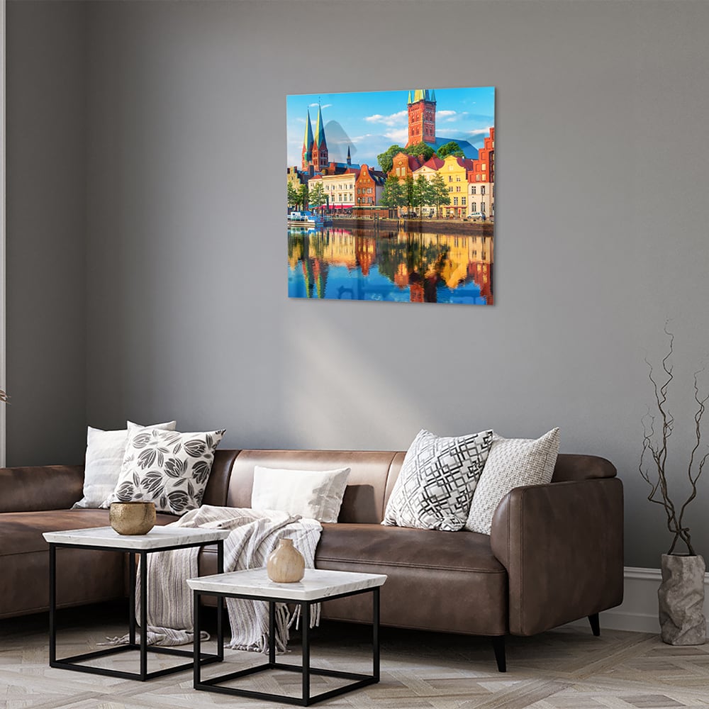 Farbenfrohes Glasbild mit einer Stadtlandschaft – Glasbild aus Sicherheitsglas, Größe 120x80