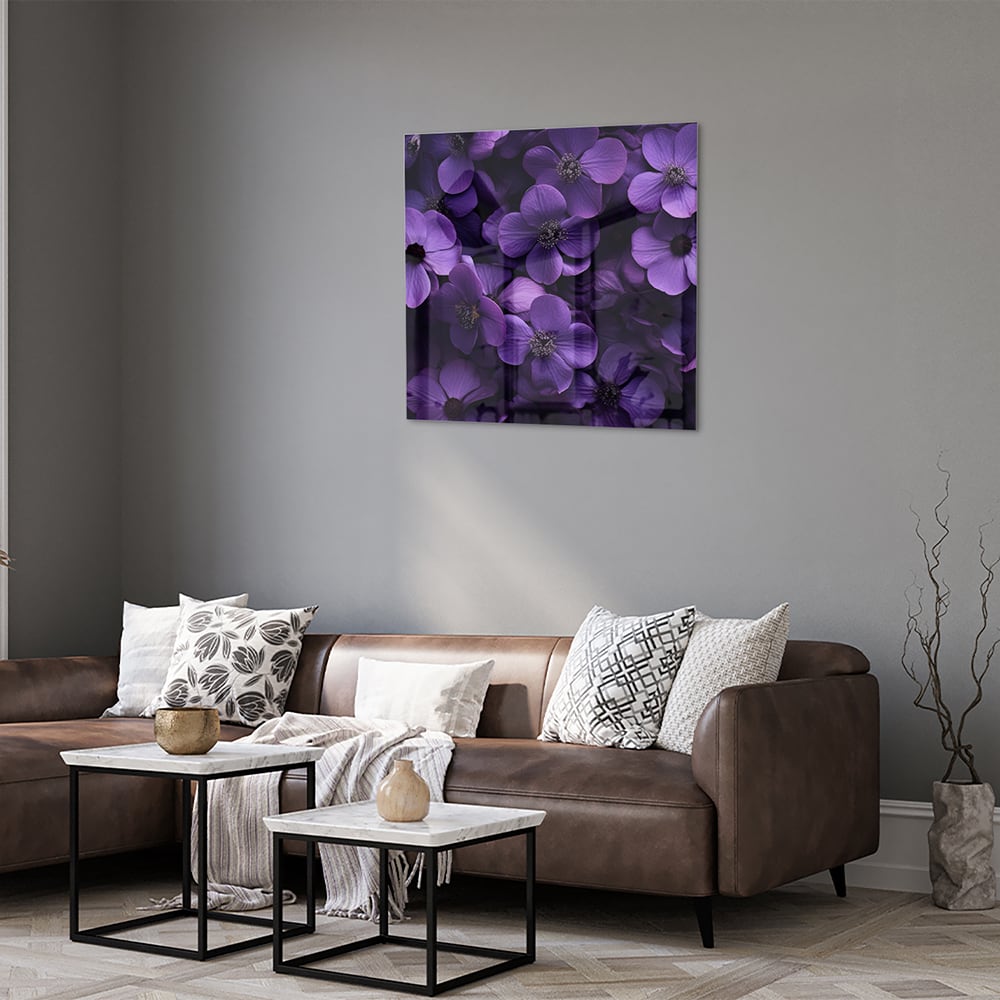 Glasbild mit violetten Blumen für Ihr Interieur – Glasbild aus Sicherheitsglas, Größe 120x80