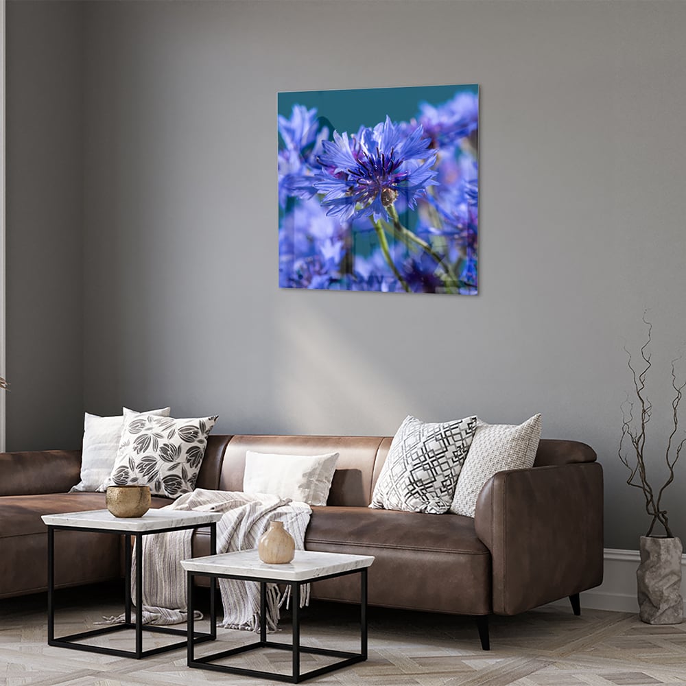 Wunderschönes violettes Glasbild mit Blumenmotiv – Glasbild aus Sicherheitsglas, Größe 120x80