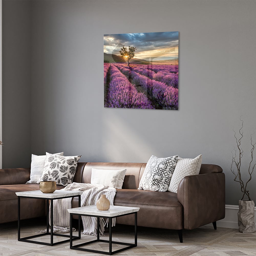 Glasbild mit violetten Lavendelfeldern bei Sonnenuntergang – Glasbild aus Sicherheitsglas, Größe 120x80