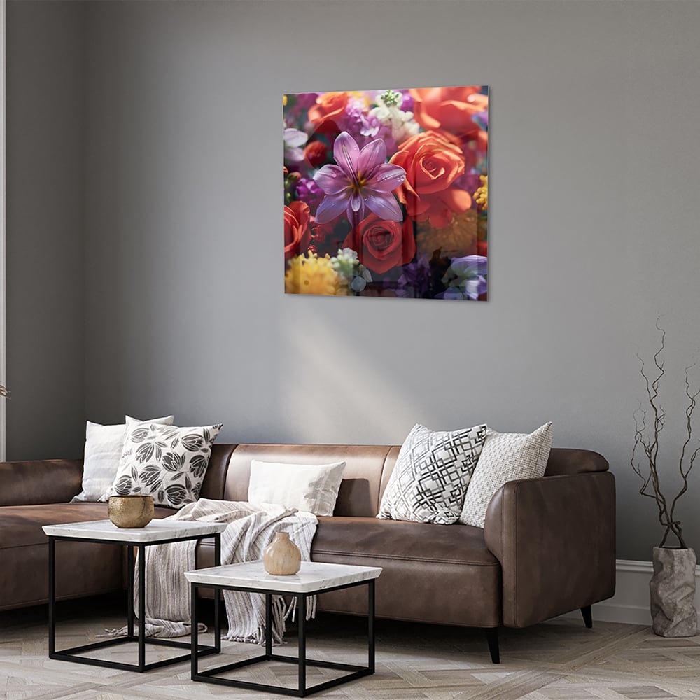 Farbenfrohes Glasbild mit Blütenpracht – Glasbild aus Sicherheitsglas, Größe 120x80