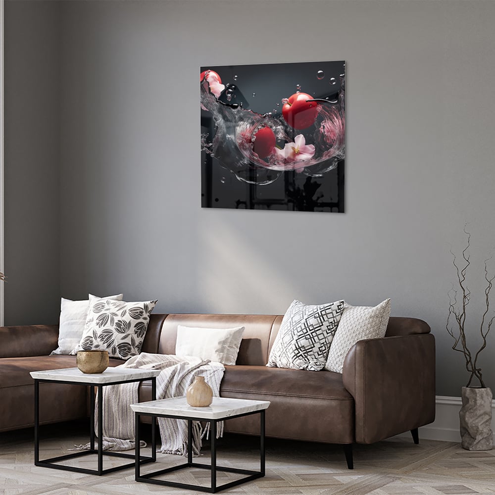 Glasbild mit rosa Blumen und Wassertropfen – Glasbild aus Sicherheitsglas, Größe 120x80