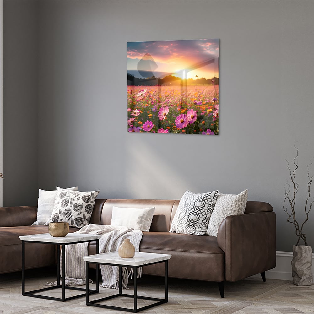Glasbild – Sonnenuntergang über Blumenfeld – Glasbild aus Sicherheitsglas, Größe 120x80