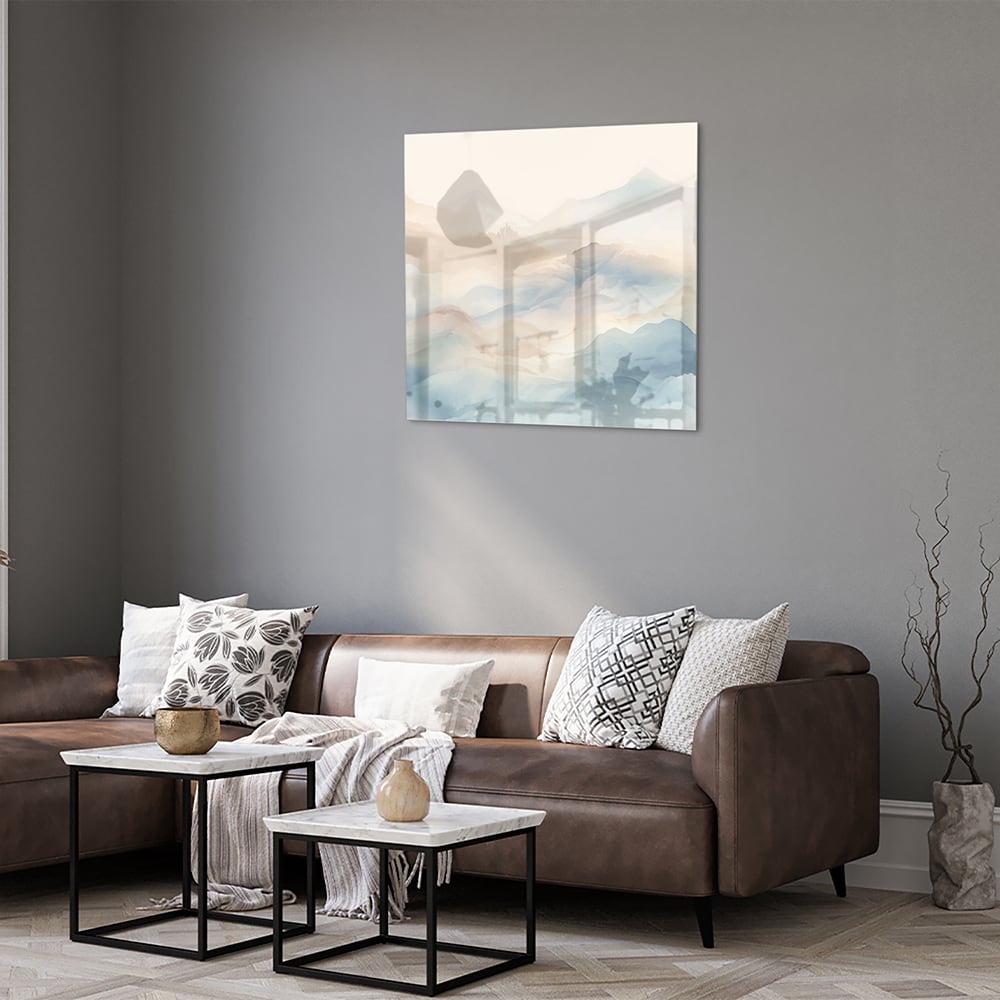 Glasbild mit träumerischer Berglandschaft – Glasbild aus Sicherheitsglas, Größe 120x80