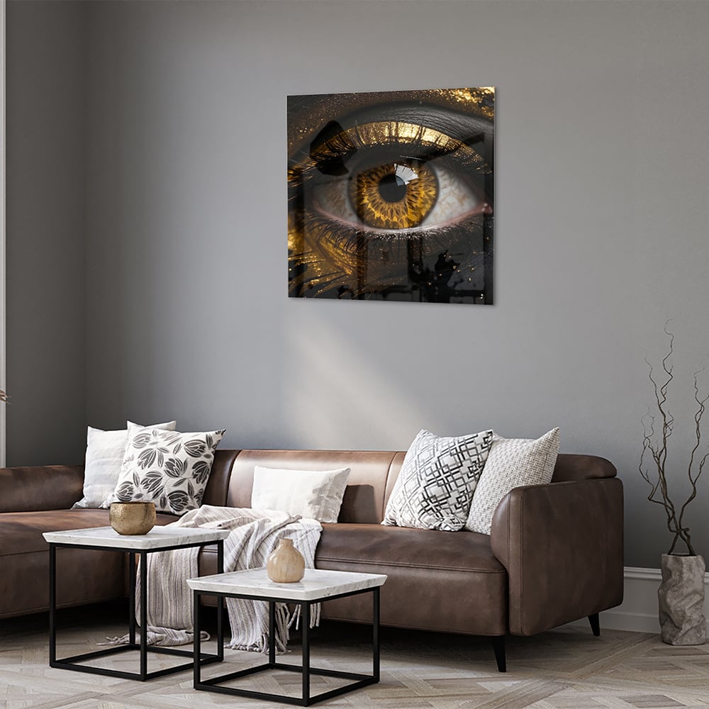 Glasbild Augen-Kunstwerk in Gold und Schwarz – Glasbild aus Sicherheitsglas, Größe 120x80