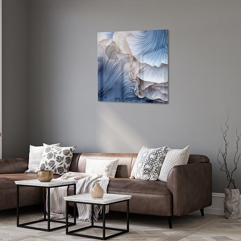 Elegantes Glasbild mit blauen und weißen Mustern – Glasbild aus Sicherheitsglas, Größe 120x80