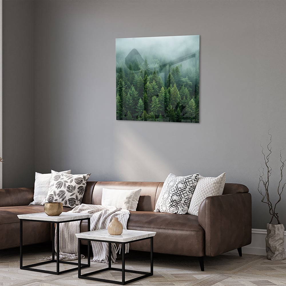 Glasbild mit nebligen Tannenwäldern – Glasbild aus Sicherheitsglas, Größe 120x80