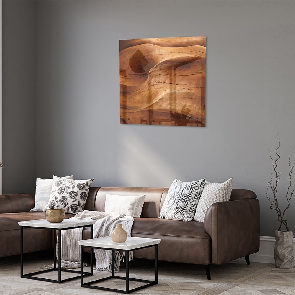 Abstraktes Glasbild mit warmen Holztönen – Glasbild aus Sicherheitsglas, Größe 120x80