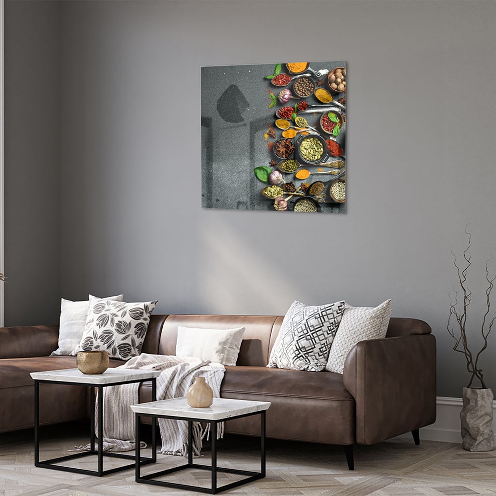 Farbenfrohes Glasbild mit Kräutern und Gewürzen – Glasbild aus Sicherheitsglas, Größe 120x80