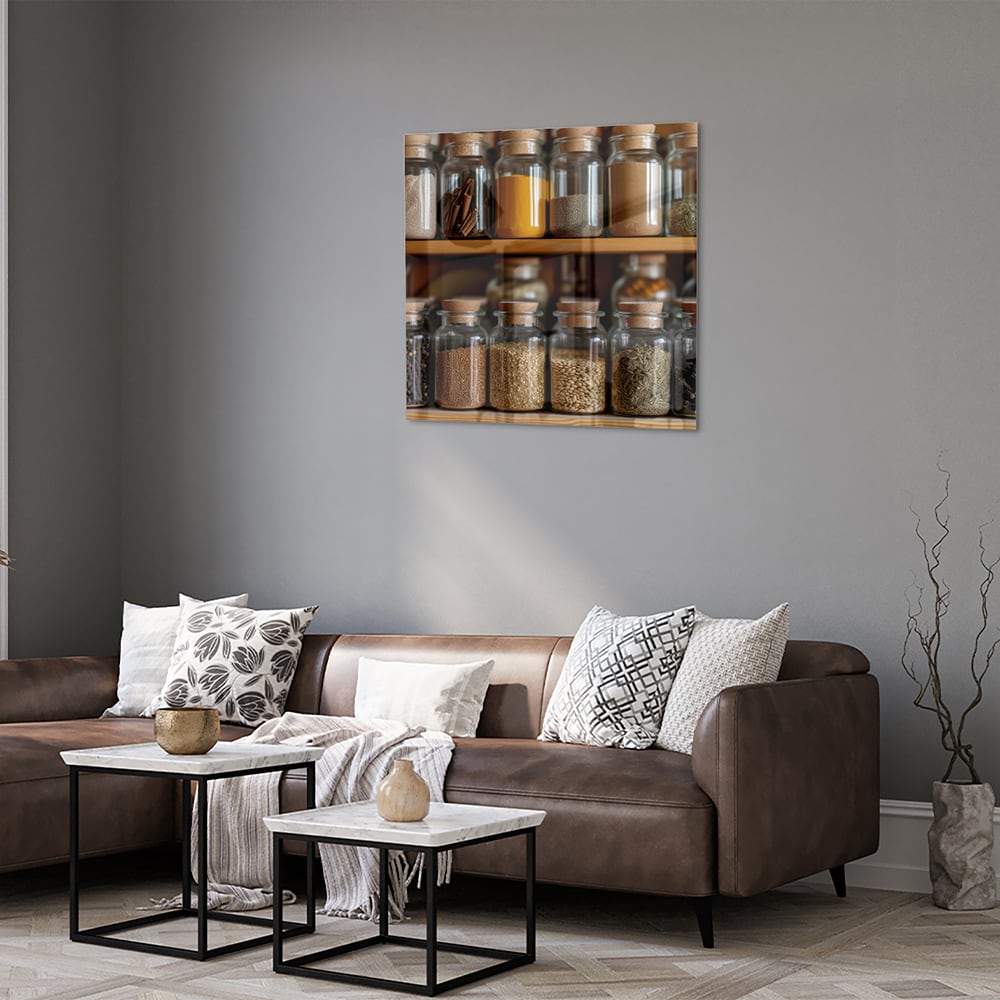 Glasbild mit Gewürzen in Einmachgläsern – Glasbild aus Sicherheitsglas, Größe 120x80