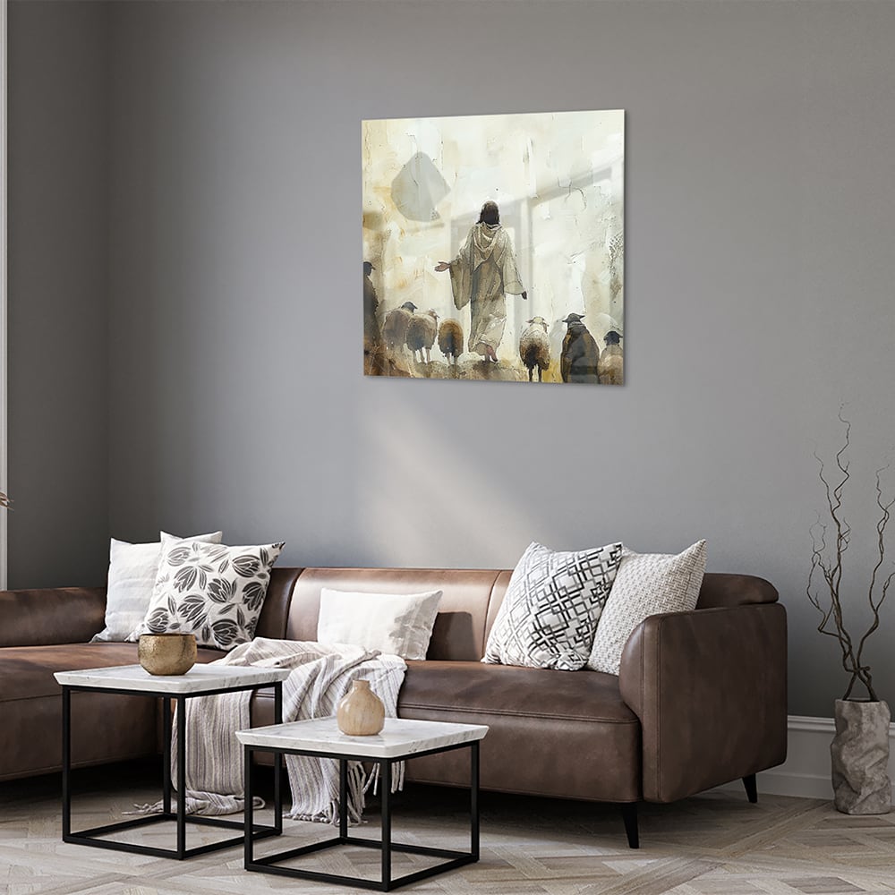 Glasbild mit spirituellem Wegweiser und Schafen – Glasbild aus Sicherheitsglas, Größe 120x80