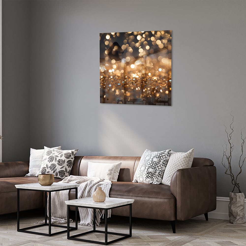 Glasbild mit goldenem Bokeh in moderner Szenerie – Glasbild aus Sicherheitsglas, Größe 120x80