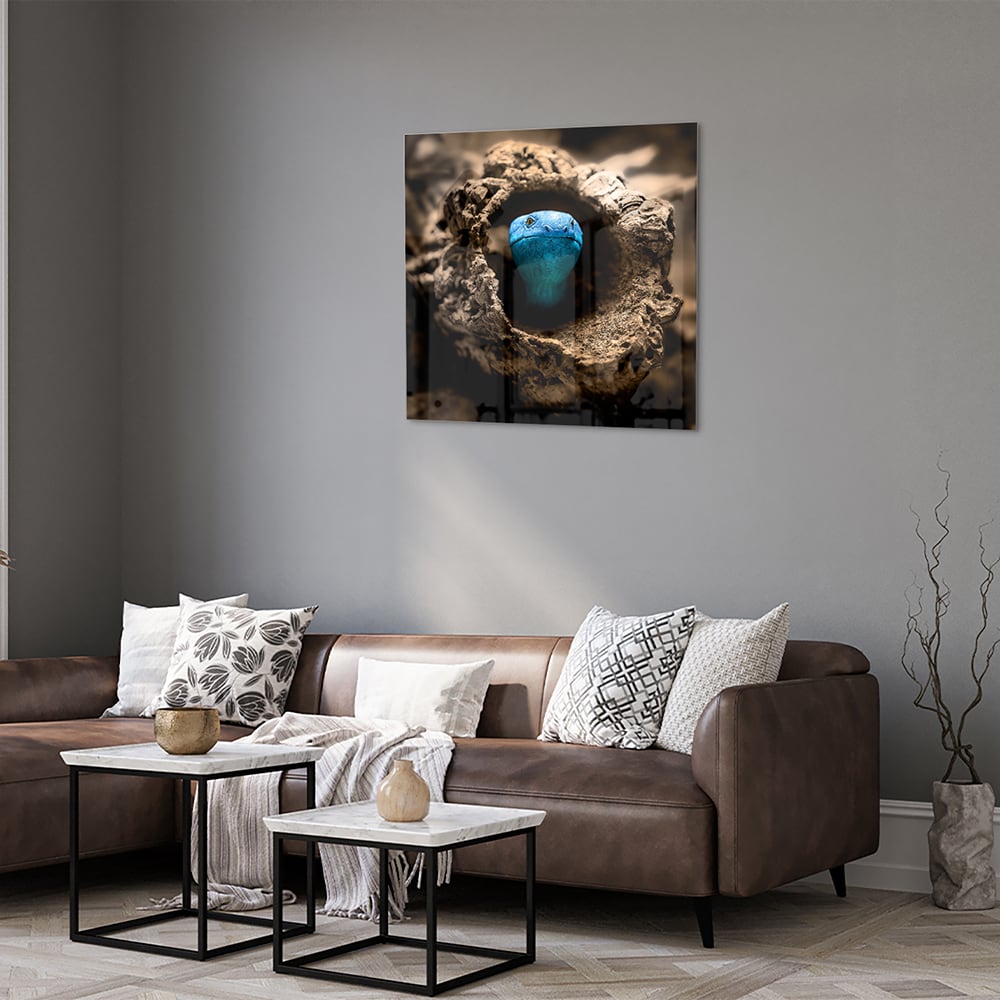 Glasbild mit einer blauen Perle in einem Nest – Glasbild aus Sicherheitsglas, Größe 120x80